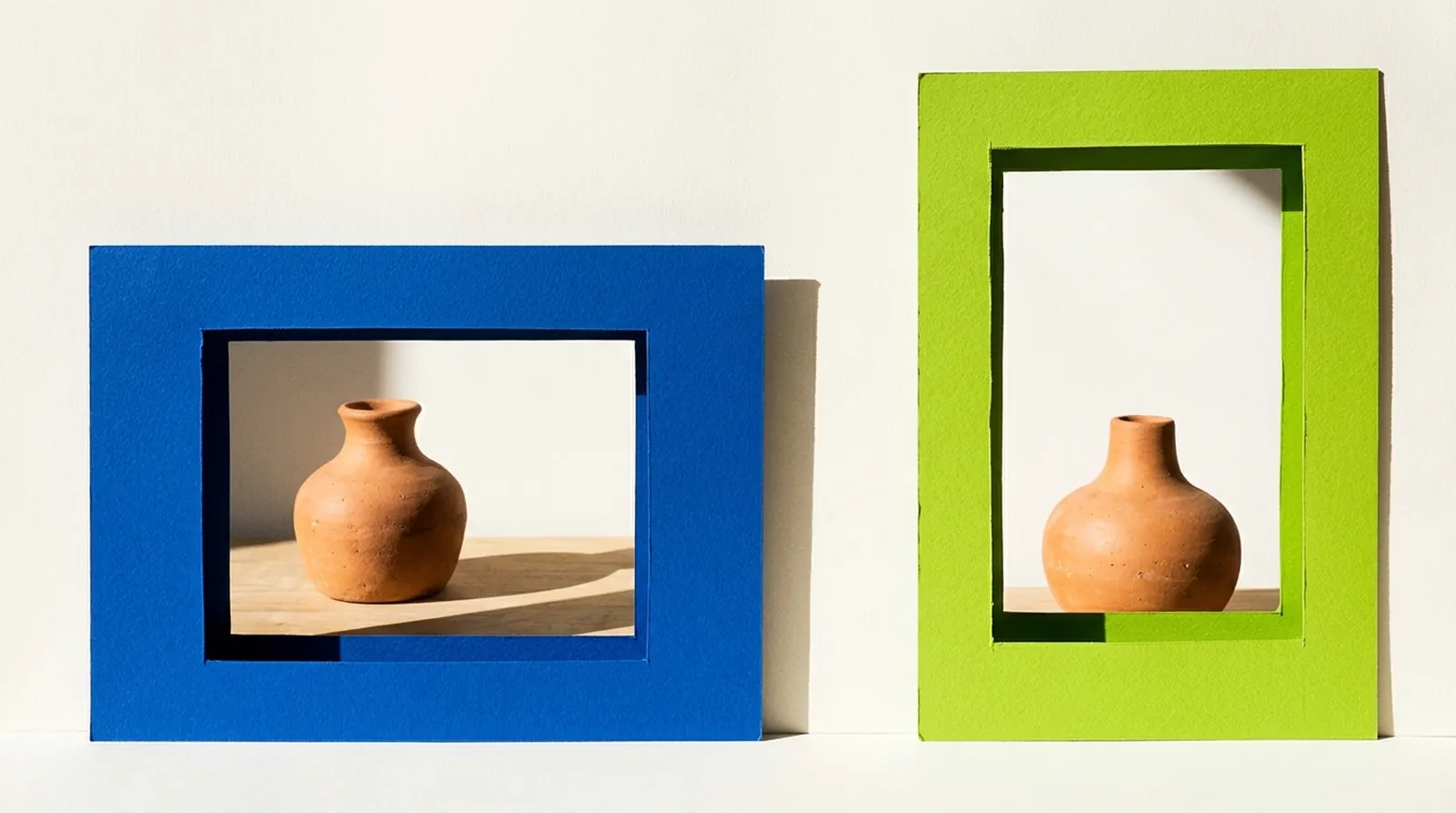 A terracotta vessel seen through differently placed cobalt and lime paper frames