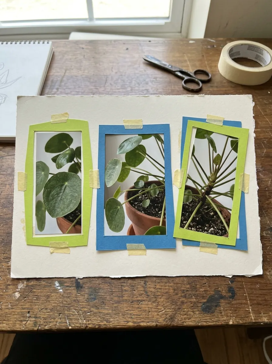 Physical paper frames testing different crops of an ordinary plant