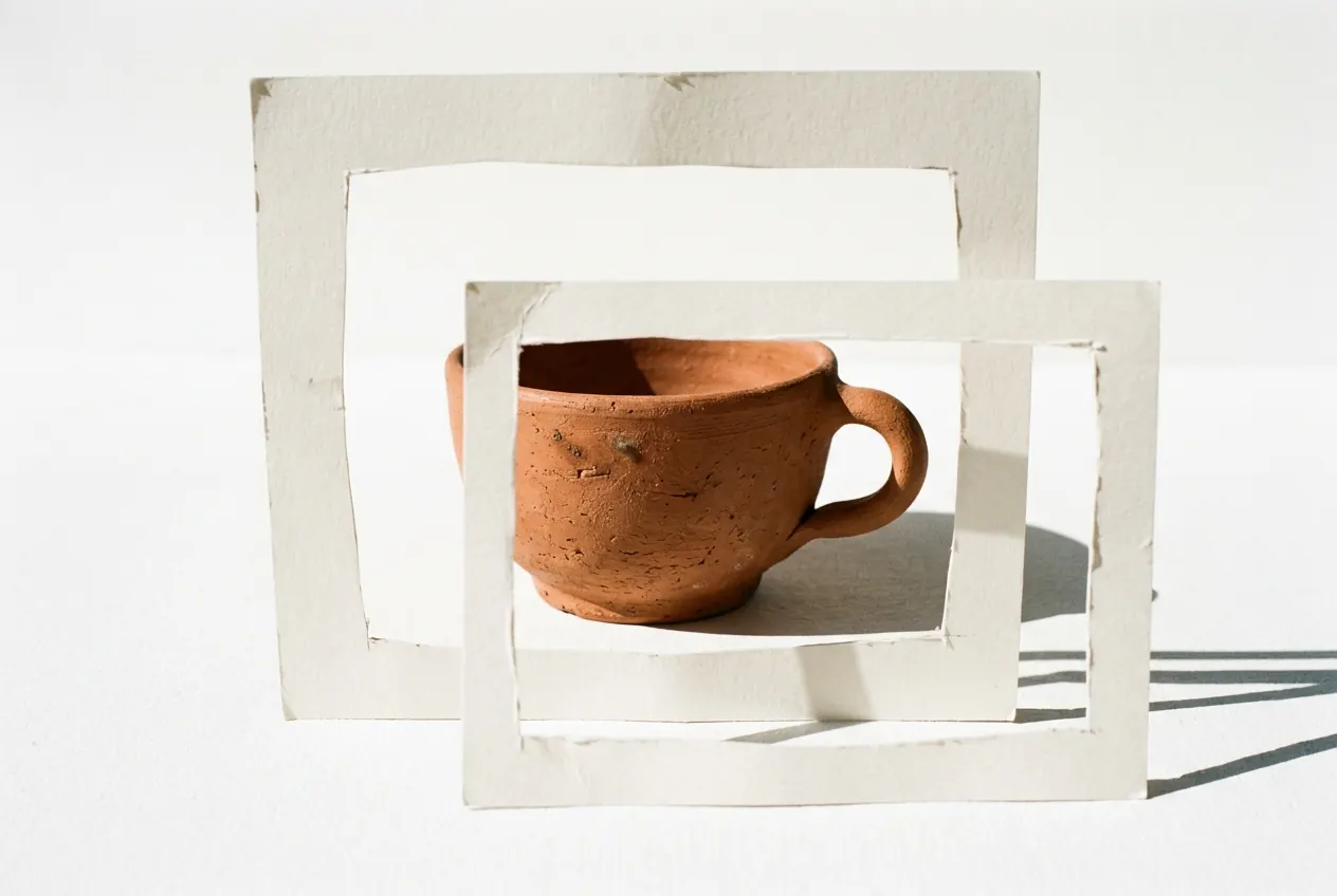 A terracotta cup seen through hand-cut paper frames